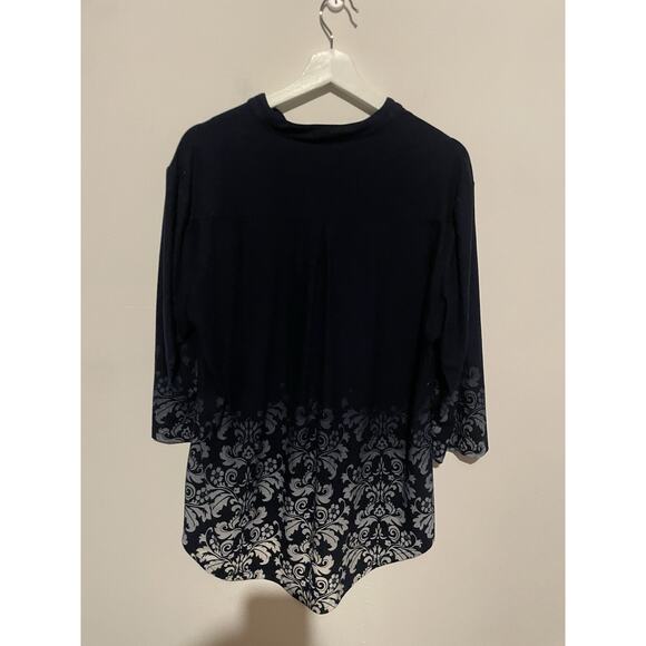 Bai Sheng GT Tunic Top 3/4 Sleeve Dark Blue White Damask Pattern Xl - Picture 6 of 6